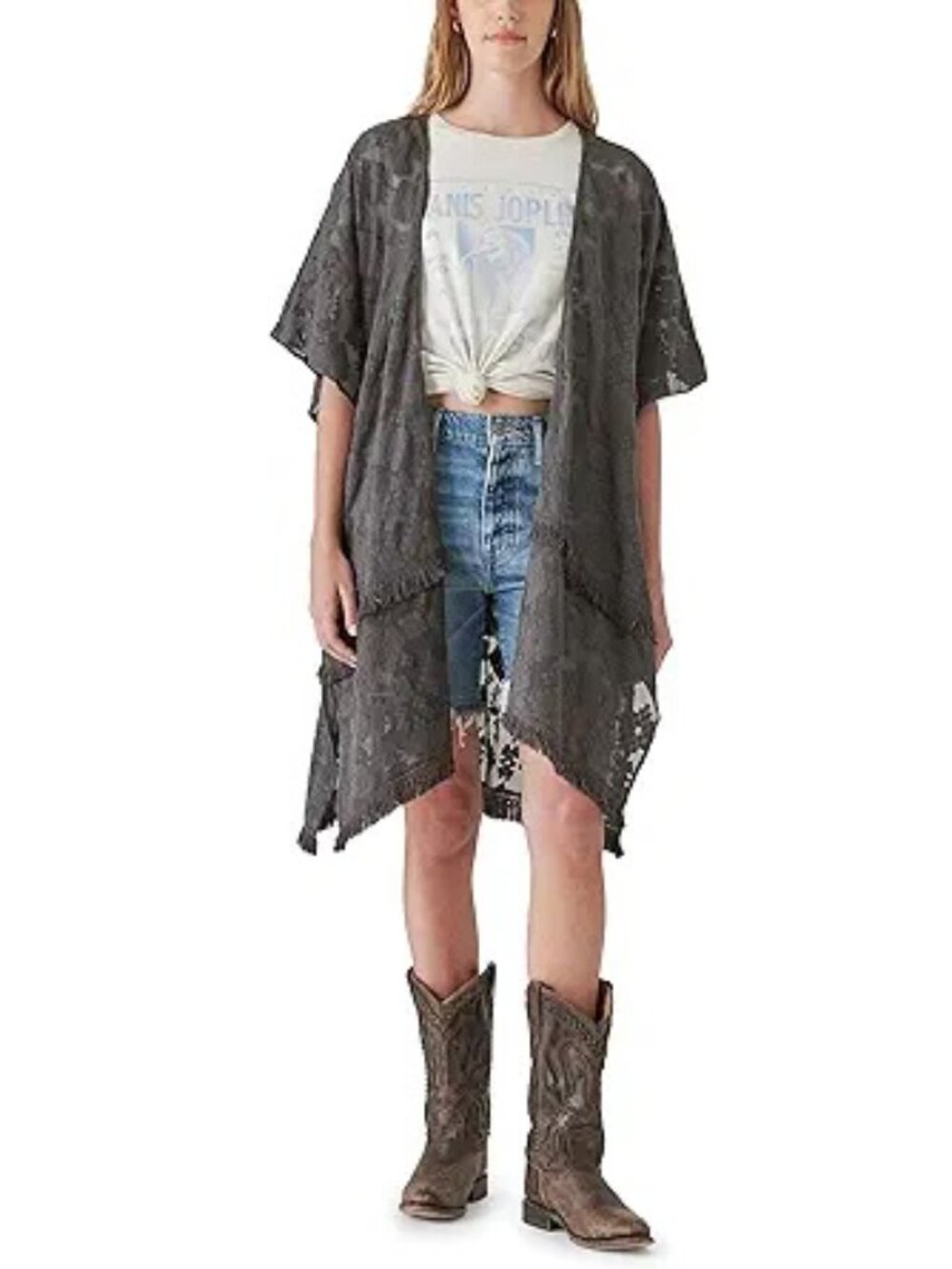 Lucky Brand Open Front Geo Lace 3/4 Sleeve Kimono in Washed Black, One Size